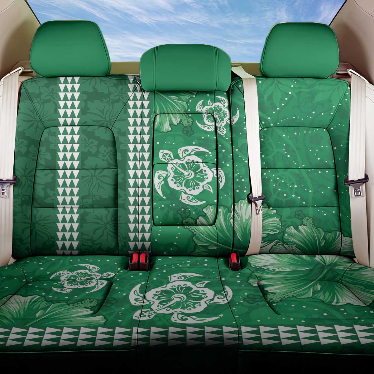 Green Hibiscus Turle Back Car Seat Cover Hawaiian Style Tribal Tapa Pattern LT9 One Size Green - Polynesian Pride
