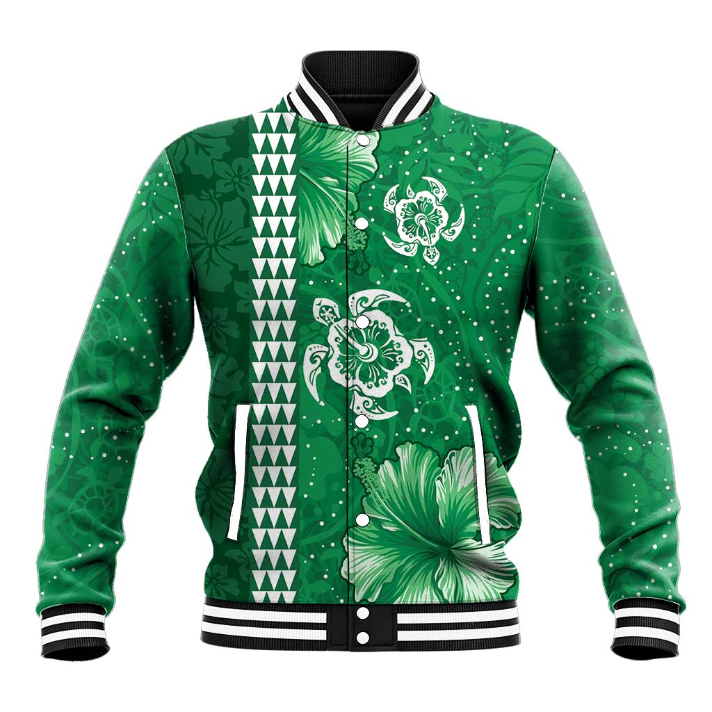 Green Hibiscus Turle Baseball Jacket Hawaiian Style Tribal Tapa Pattern