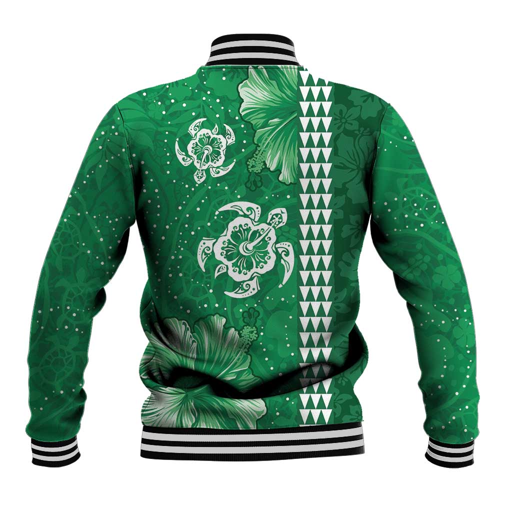 Green Hibiscus Turle Baseball Jacket Hawaiian Style Tribal Tapa Pattern