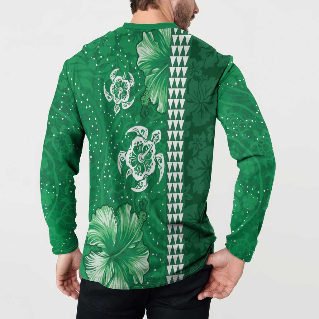 Green Hibiscus Turle Button Sweatshirt Hawaiian Style Tribal Tapa Pattern
