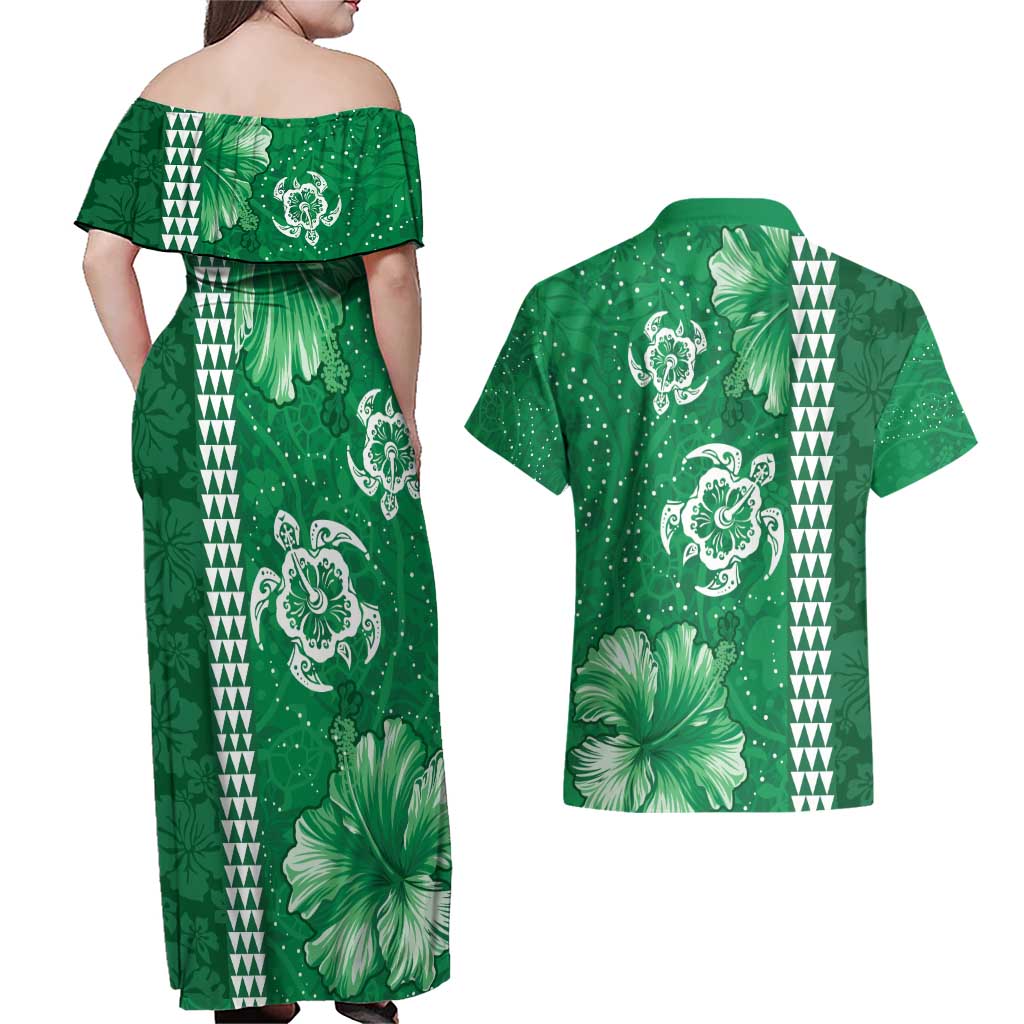 Green Hibiscus Turle Couples Matching Off Shoulder Maxi Dress and Hawaiian Shirt Hawaiian Style Tribal Tapa Pattern