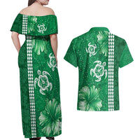 Green Hibiscus Turle Couples Matching Off Shoulder Maxi Dress and Hawaiian Shirt Hawaiian Style Tribal Tapa Pattern