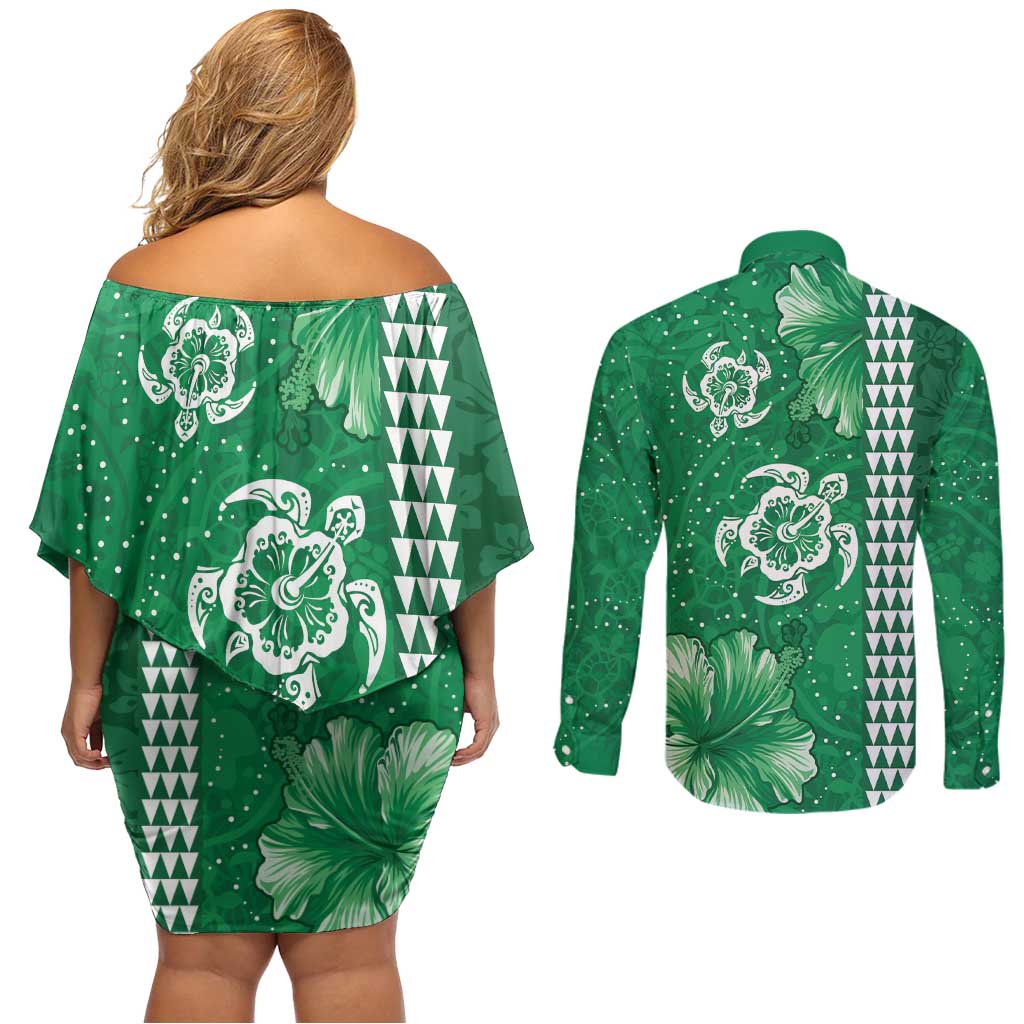 Green Hibiscus Turle Couples Matching Off Shoulder Short Dress and Long Sleeve Button Shirt Hawaiian Style Tribal Tapa Pattern