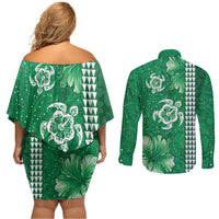 Green Hibiscus Turle Couples Matching Off Shoulder Short Dress and Long Sleeve Button Shirt Hawaiian Style Tribal Tapa Pattern