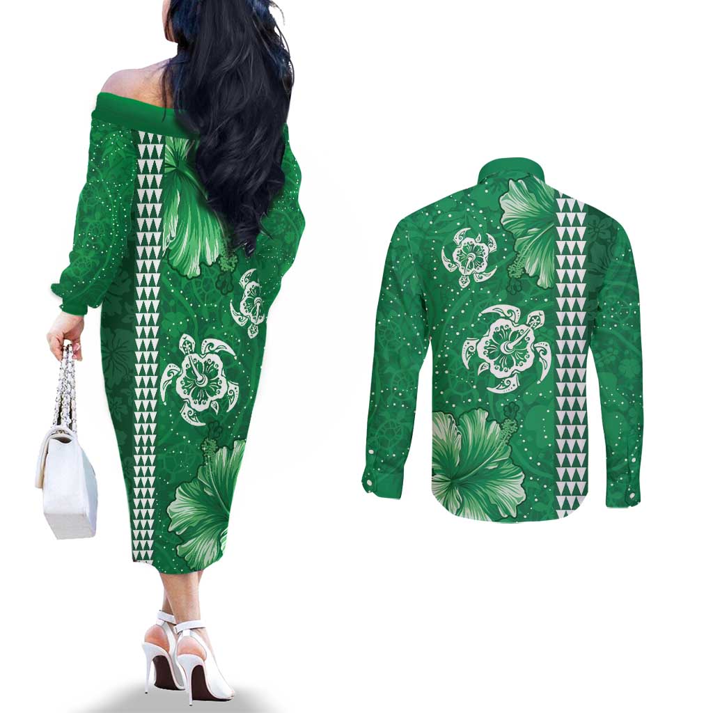 Green Hibiscus Turle Couples Matching Off The Shoulder Long Sleeve Dress and Long Sleeve Button Shirt Hawaiian Style Tribal Tapa Pattern