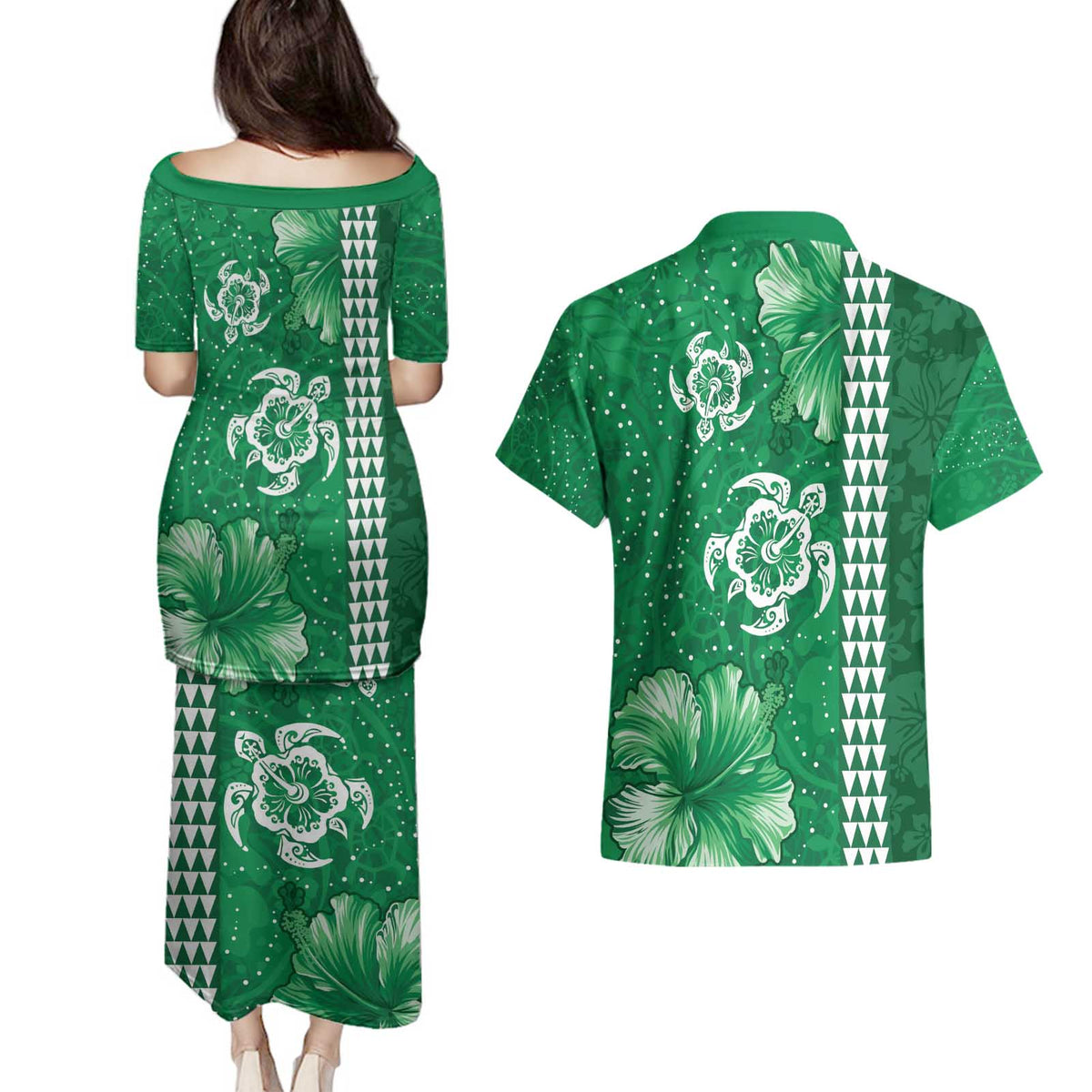 Green Hibiscus Turle Couples Matching Puletasi and Hawaiian Shirt Hawaiian Style Tribal Tapa Pattern