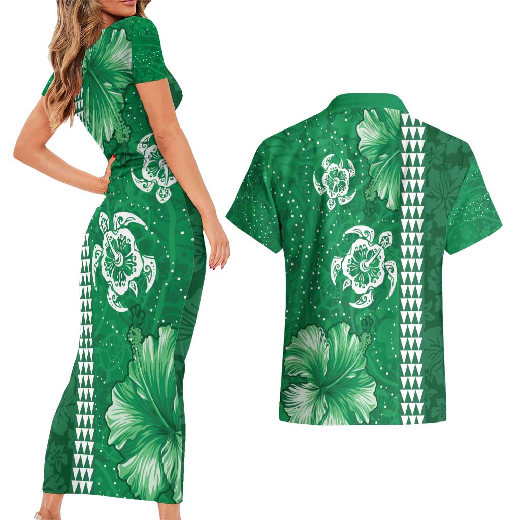 Green Hibiscus Turle Couples Matching Short Sleeve Bodycon Dress and Hawaiian Shirt Hawaiian Style Tribal Tapa Pattern