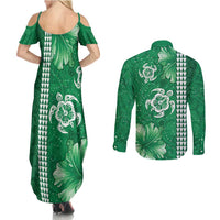 Green Hibiscus Turle Couples Matching Summer Maxi Dress and Long Sleeve Button Shirt Hawaiian Style Tribal Tapa Pattern