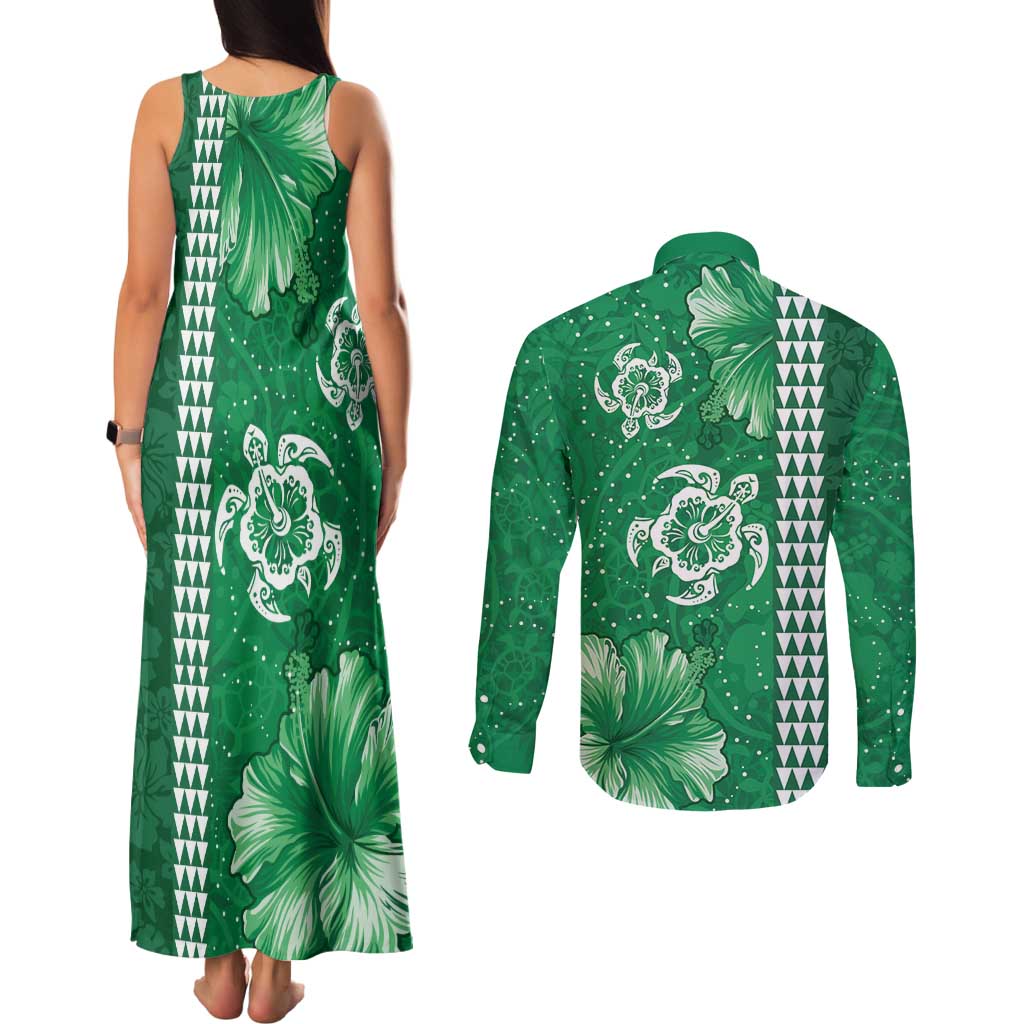 Green Hibiscus Turle Couples Matching Tank Maxi Dress and Long Sleeve Button Shirt Hawaiian Style Tribal Tapa Pattern
