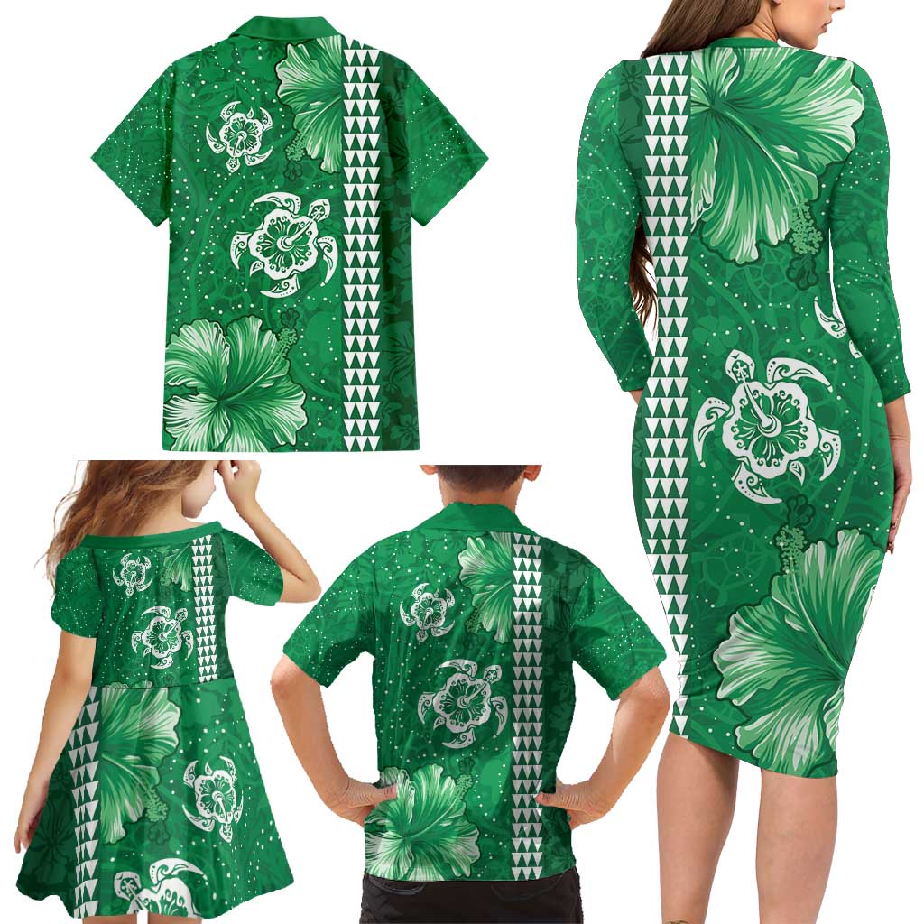Green Hibiscus Turle Family Matching Long Sleeve Bodycon Dress and Hawaiian Shirt Hawaiian Style Tribal Tapa Pattern LT9 - Polynesian Pride