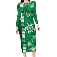 Green Hibiscus Turle Family Matching Long Sleeve Bodycon Dress and Hawaiian Shirt Hawaiian Style Tribal Tapa Pattern LT9 Mom's Dress Green - Polynesian Pride