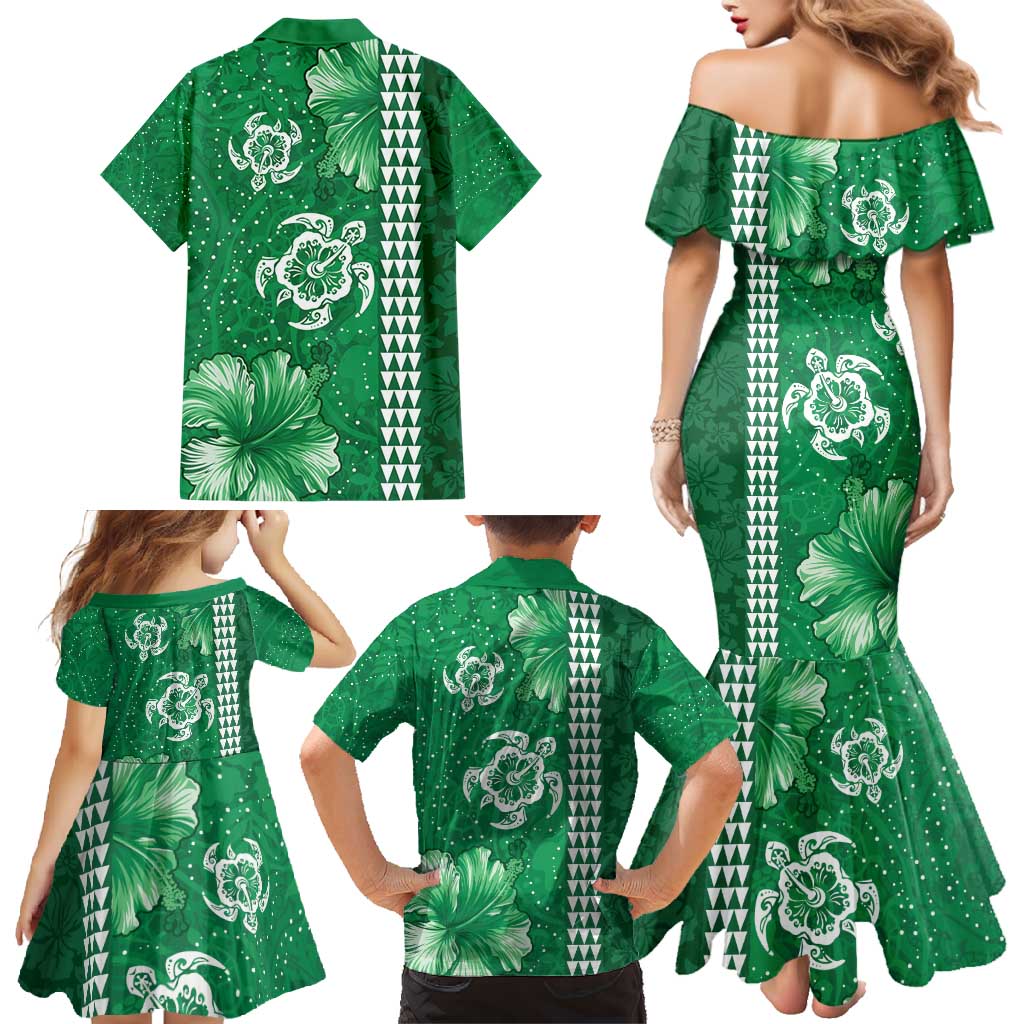 Green Hibiscus Turle Family Matching Mermaid Dress and Hawaiian Shirt Hawaiian Style Tribal Tapa Pattern LT9 - Polynesian Pride