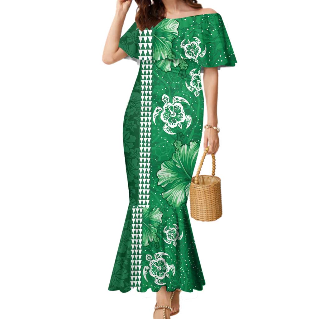 Green Hibiscus Turle Family Matching Mermaid Dress and Hawaiian Shirt Hawaiian Style Tribal Tapa Pattern LT9 Mom's Dress Green - Polynesian Pride