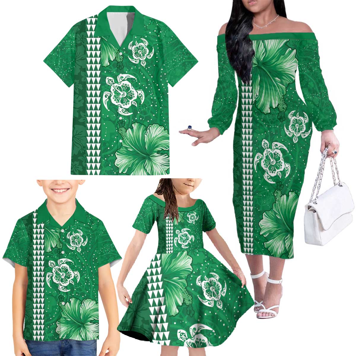 Green Hibiscus Turle Family Matching Off The Shoulder Long Sleeve Dress and Hawaiian Shirt Hawaiian Style Tribal Tapa Pattern LT9 - Polynesian Pride
