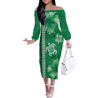 Green Hibiscus Turle Family Matching Off The Shoulder Long Sleeve Dress and Hawaiian Shirt Hawaiian Style Tribal Tapa Pattern LT9 Mom's Dress Green - Polynesian Pride