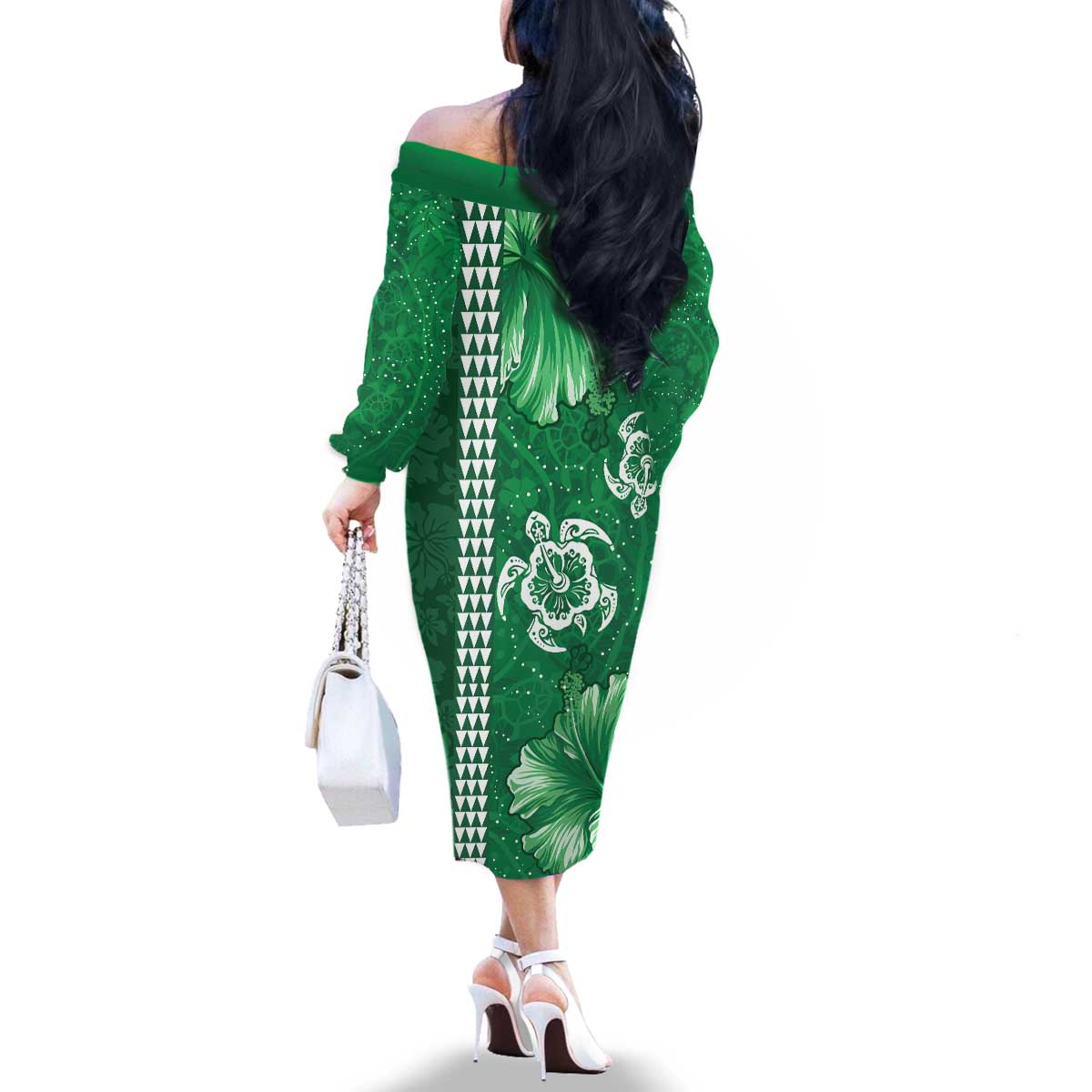 Green Hibiscus Turle Family Matching Off The Shoulder Long Sleeve Dress and Hawaiian Shirt Hawaiian Style Tribal Tapa Pattern LT9 - Polynesian Pride