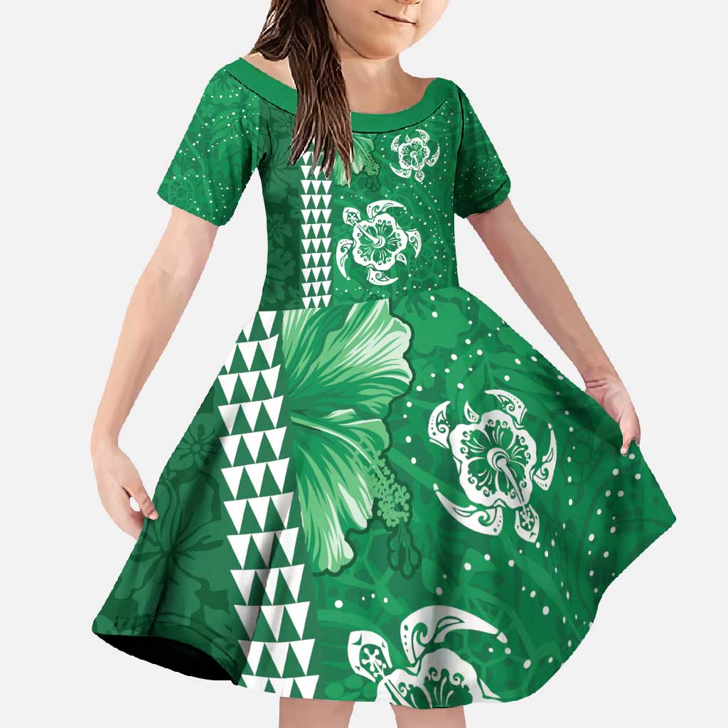 Green Hibiscus Turle Family Matching Off Shoulder Maxi Dress and Hawaiian Shirt Hawaiian Style Tribal Tapa Pattern LT9 Daughter's Dress Green - Polynesian Pride