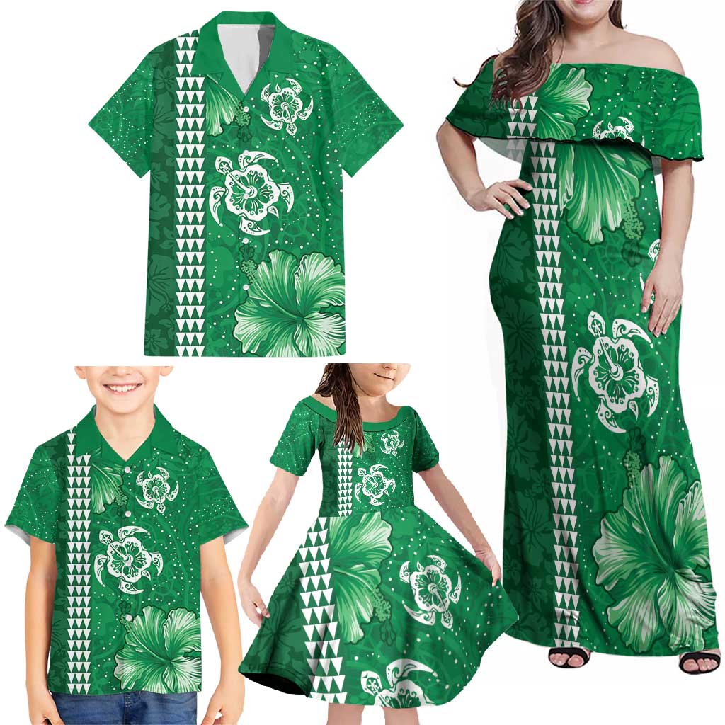 Green Hibiscus Turle Family Matching Off Shoulder Maxi Dress and Hawaiian Shirt Hawaiian Style Tribal Tapa Pattern LT9 - Polynesian Pride