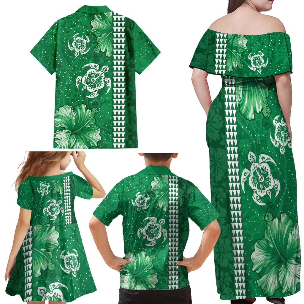 Green Hibiscus Turle Family Matching Off Shoulder Maxi Dress and Hawaiian Shirt Hawaiian Style Tribal Tapa Pattern LT9 - Polynesian Pride