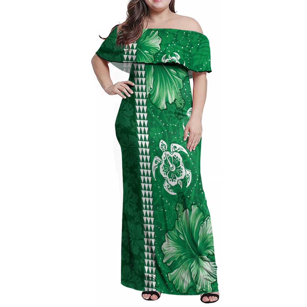 Green Hibiscus Turle Family Matching Off Shoulder Maxi Dress and Hawaiian Shirt Hawaiian Style Tribal Tapa Pattern LT9 Mom's Dress Green - Polynesian Pride
