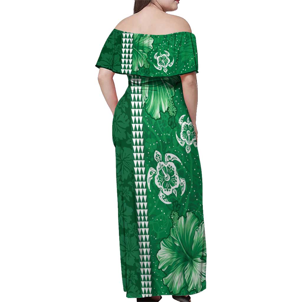 Green Hibiscus Turle Family Matching Off Shoulder Maxi Dress and Hawaiian Shirt Hawaiian Style Tribal Tapa Pattern LT9 - Polynesian Pride