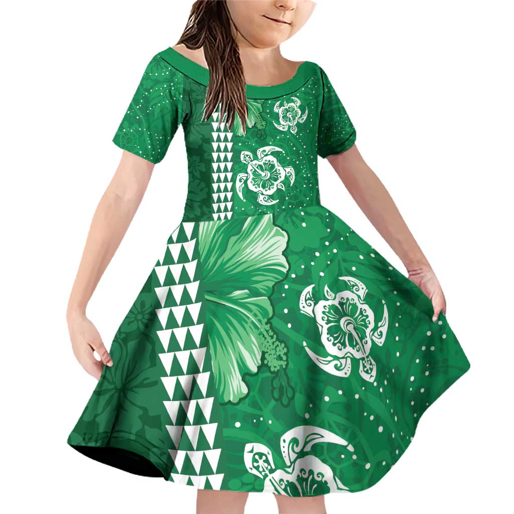 Green Hibiscus Turle Family Matching Off Shoulder Short Dress and Hawaiian Shirt Hawaiian Style Tribal Tapa Pattern LT9 Daughter's Dress Green - Polynesian Pride