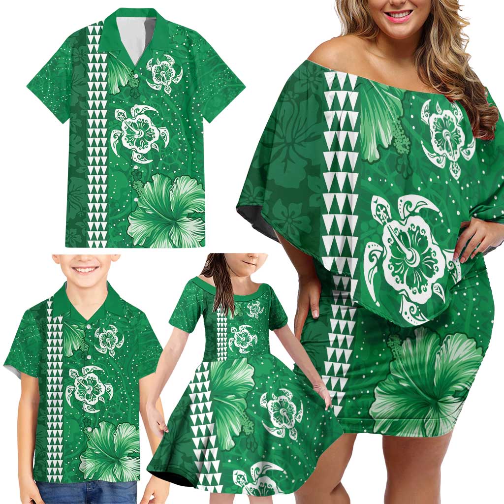 Green Hibiscus Turle Family Matching Off Shoulder Short Dress and Hawaiian Shirt Hawaiian Style Tribal Tapa Pattern LT9 - Polynesian Pride
