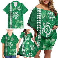 Green Hibiscus Turle Family Matching Off Shoulder Short Dress and Hawaiian Shirt Hawaiian Style Tribal Tapa Pattern LT9 - Polynesian Pride