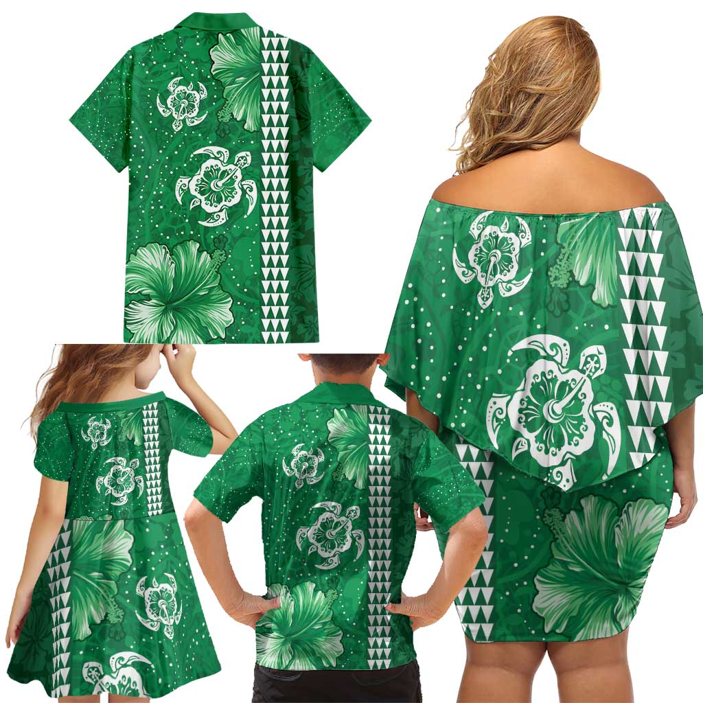 Green Hibiscus Turle Family Matching Off Shoulder Short Dress and Hawaiian Shirt Hawaiian Style Tribal Tapa Pattern LT9 - Polynesian Pride