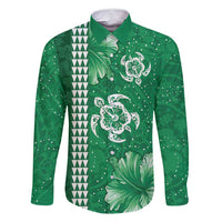Green Hibiscus Turle Family Matching Off Shoulder Short Dress and Hawaiian Shirt Hawaiian Style Tribal Tapa Pattern LT9 Dad's Shirt - Long Sleeve Green - Polynesian Pride