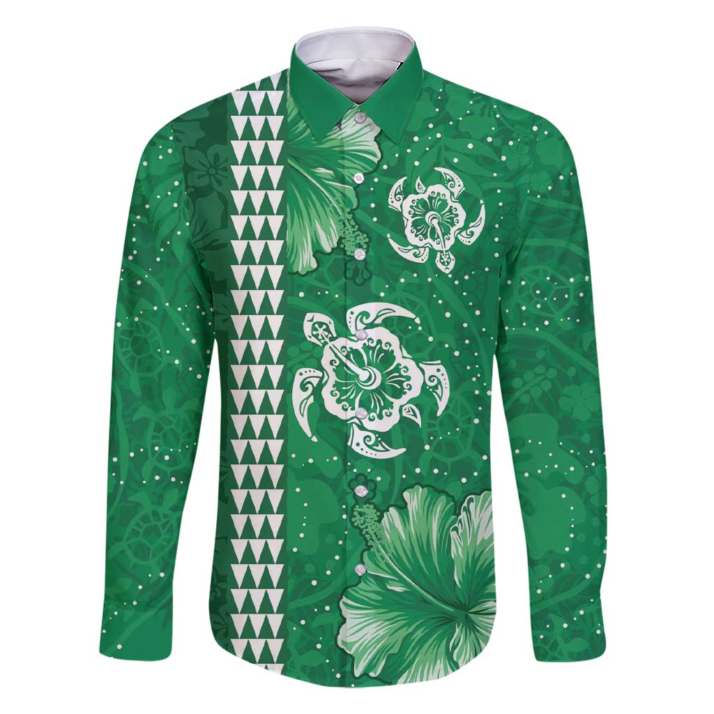 Green Hibiscus Turle Family Matching Short Sleeve Bodycon Dress and Hawaiian Shirt Hawaiian Style Tribal Tapa Pattern LT9 Dad's Shirt - Long Sleeve Green - Polynesian Pride