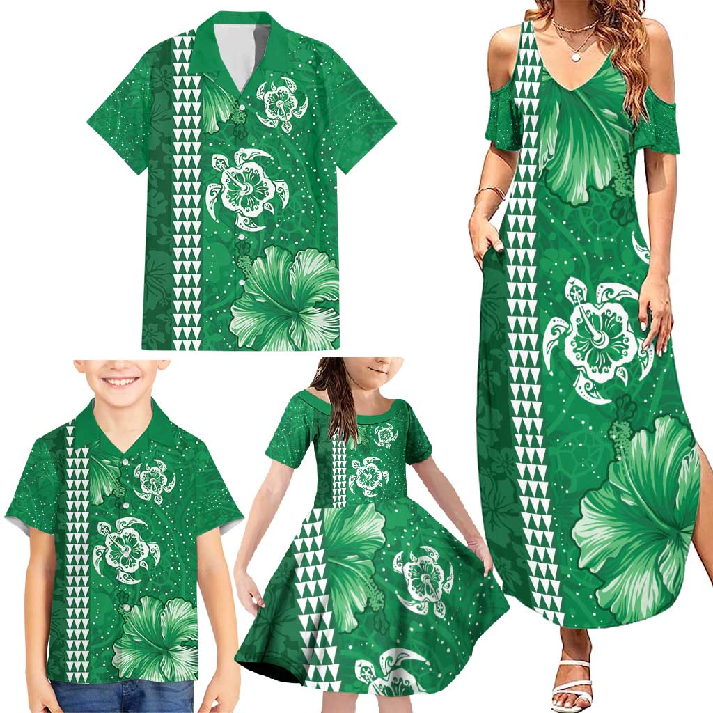 Green Hibiscus Turle Family Matching Summer Maxi Dress and Hawaiian Shirt Hawaiian Style Tribal Tapa Pattern LT9 - Polynesian Pride
