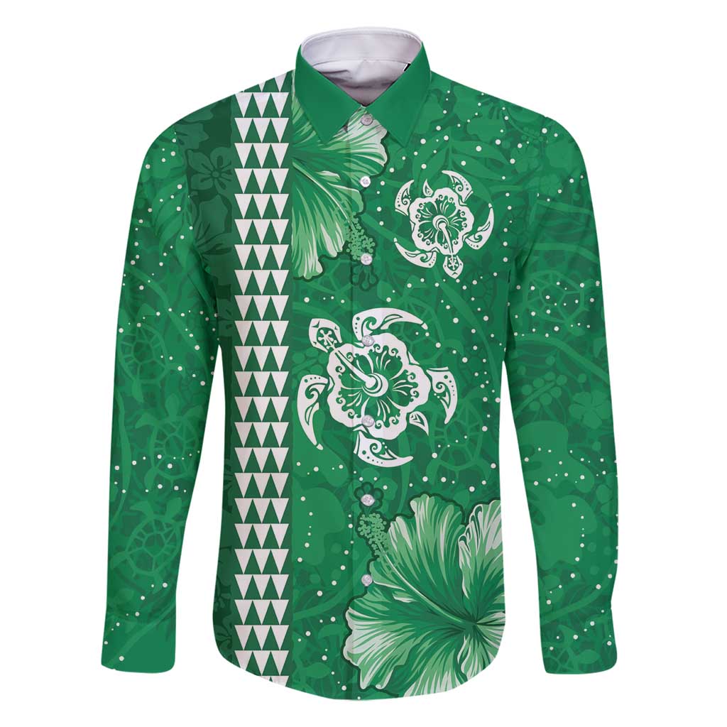 Green Hibiscus Turle Family Matching Summer Maxi Dress and Hawaiian Shirt Hawaiian Style Tribal Tapa Pattern LT9 Dad's Shirt - Long Sleeve Green - Polynesian Pride