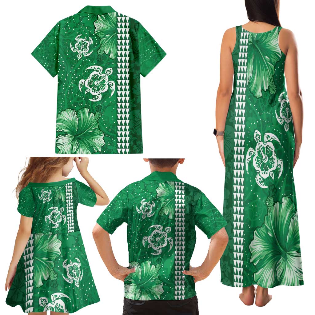 Green Hibiscus Turle Family Matching Tank Maxi Dress and Hawaiian Shirt Hawaiian Style Tribal Tapa Pattern LT9 - Polynesian Pride