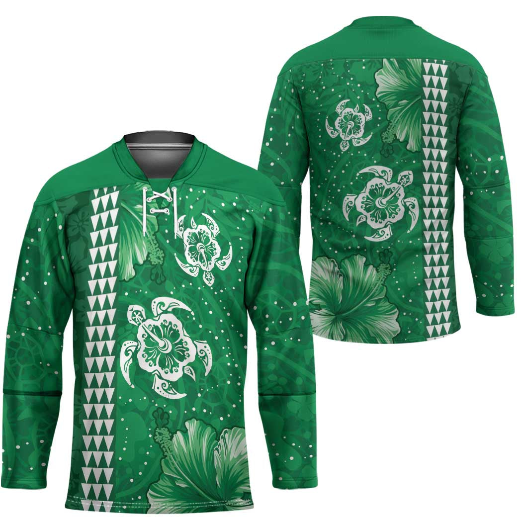 Green Hibiscus Turle Hockey Jersey Hawaiian Style Tribal Tapa Pattern LT9 - Polynesian Pride