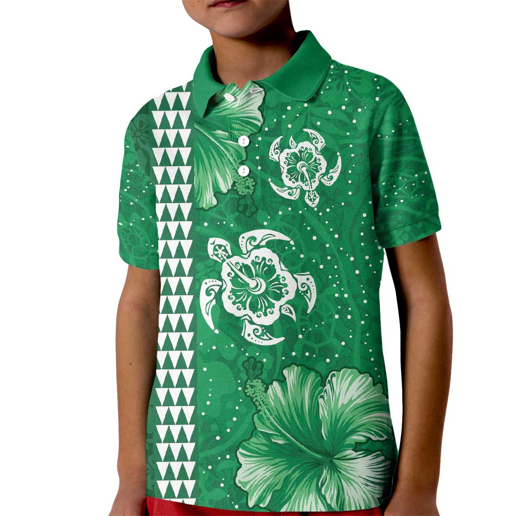 Green Hibiscus Turle Kid Polo Shirt Hawaiian Style Tribal Tapa Pattern LT9 Kid Green - Polynesian Pride