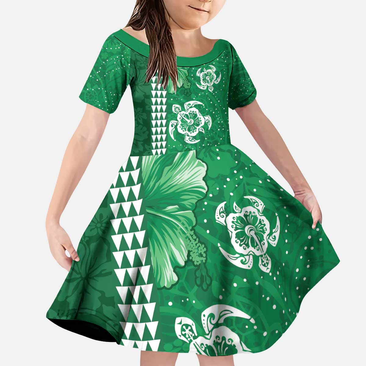 Green Hibiscus Turle Kid Short Sleeve Dress Hawaiian Style Tribal Tapa Pattern