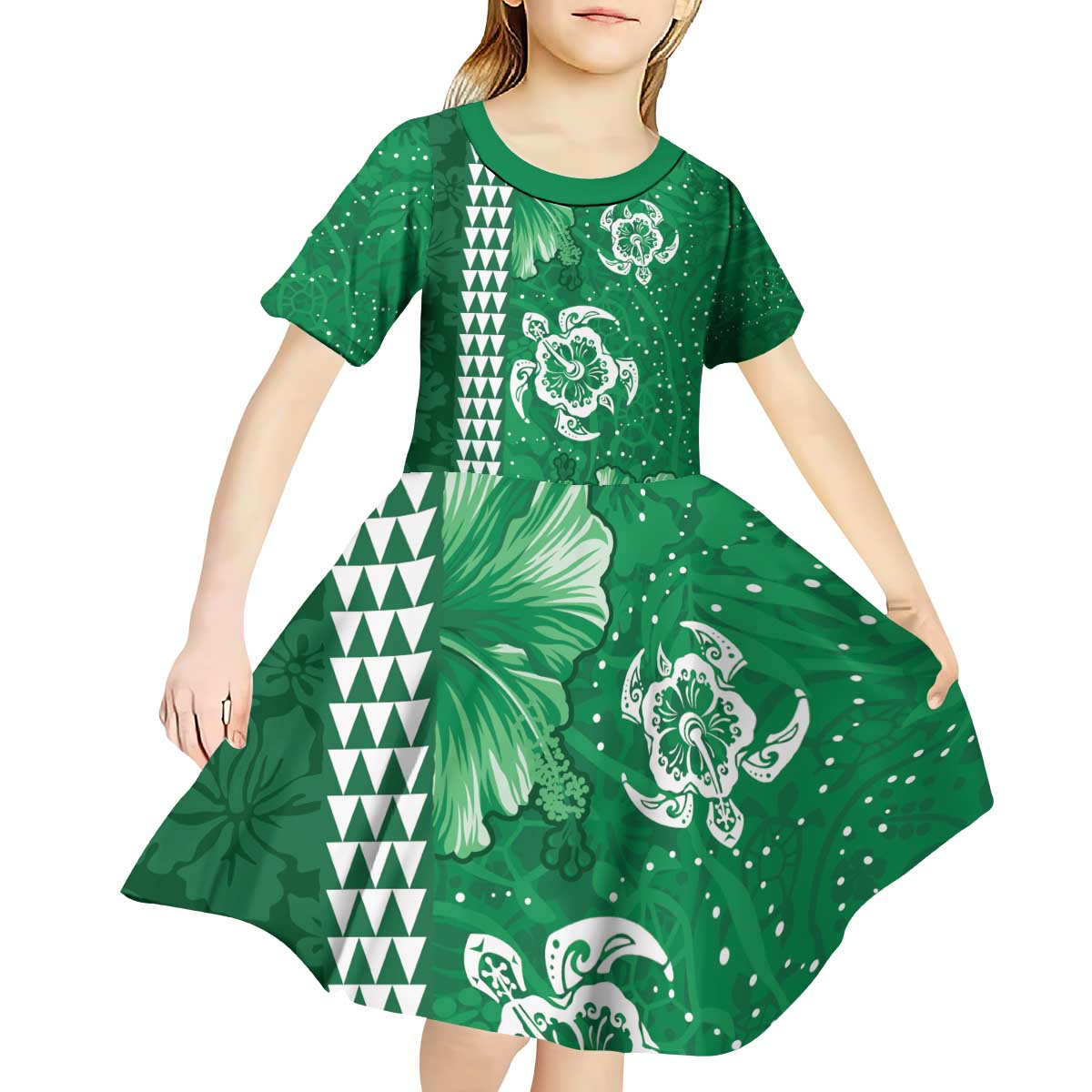 Green Hibiscus Turle Kid Short Sleeve Dress Hawaiian Style Tribal Tapa Pattern