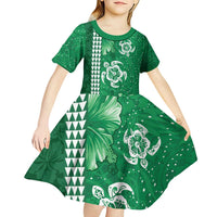 Green Hibiscus Turle Kid Short Sleeve Dress Hawaiian Style Tribal Tapa Pattern
