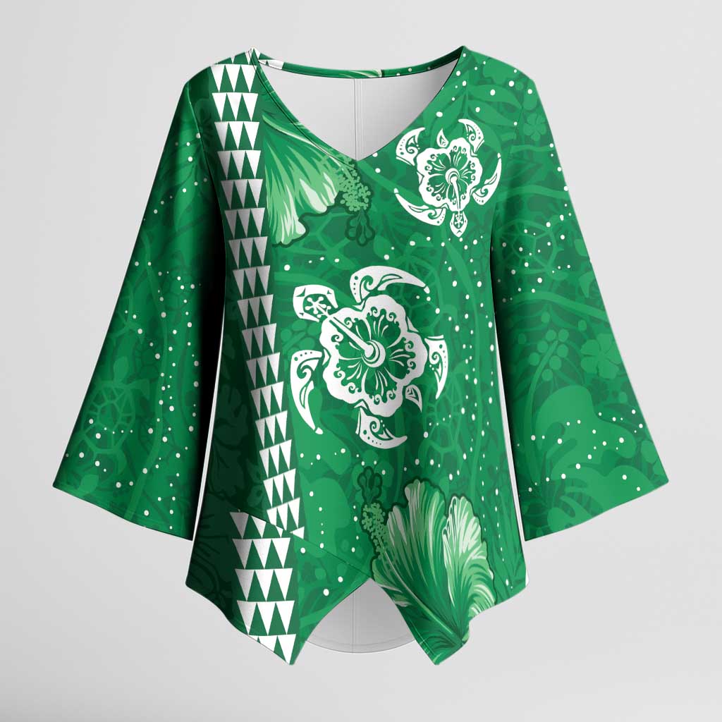 Green Hibiscus Turle Kimono Sleeve Blouse Hawaiian Style Tribal Tapa Pattern LT9 Female Green - Polynesian Pride