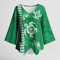 Green Hibiscus Turle Kimono Sleeve Blouse Hawaiian Style Tribal Tapa Pattern LT9 Female Green - Polynesian Pride