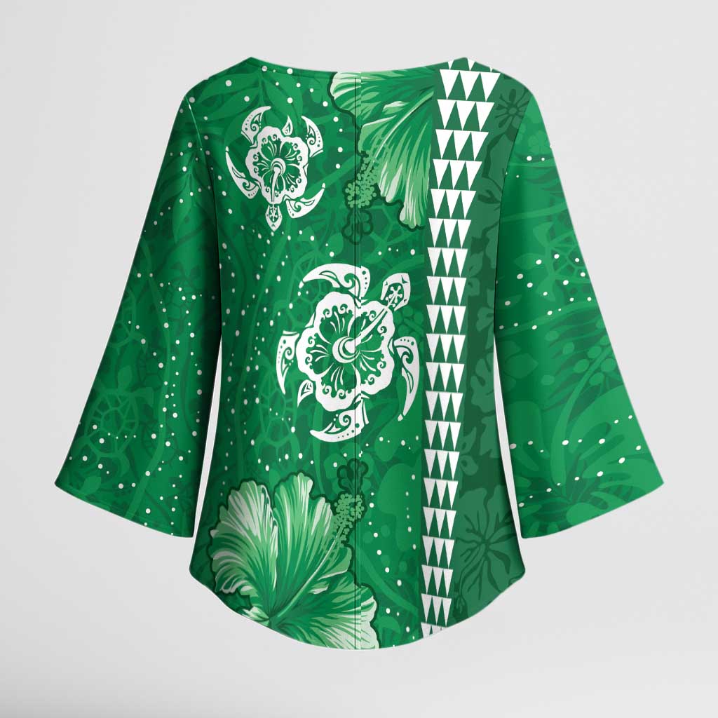 Green Hibiscus Turle Kimono Sleeve Blouse Hawaiian Style Tribal Tapa Pattern LT9 - Polynesian Pride