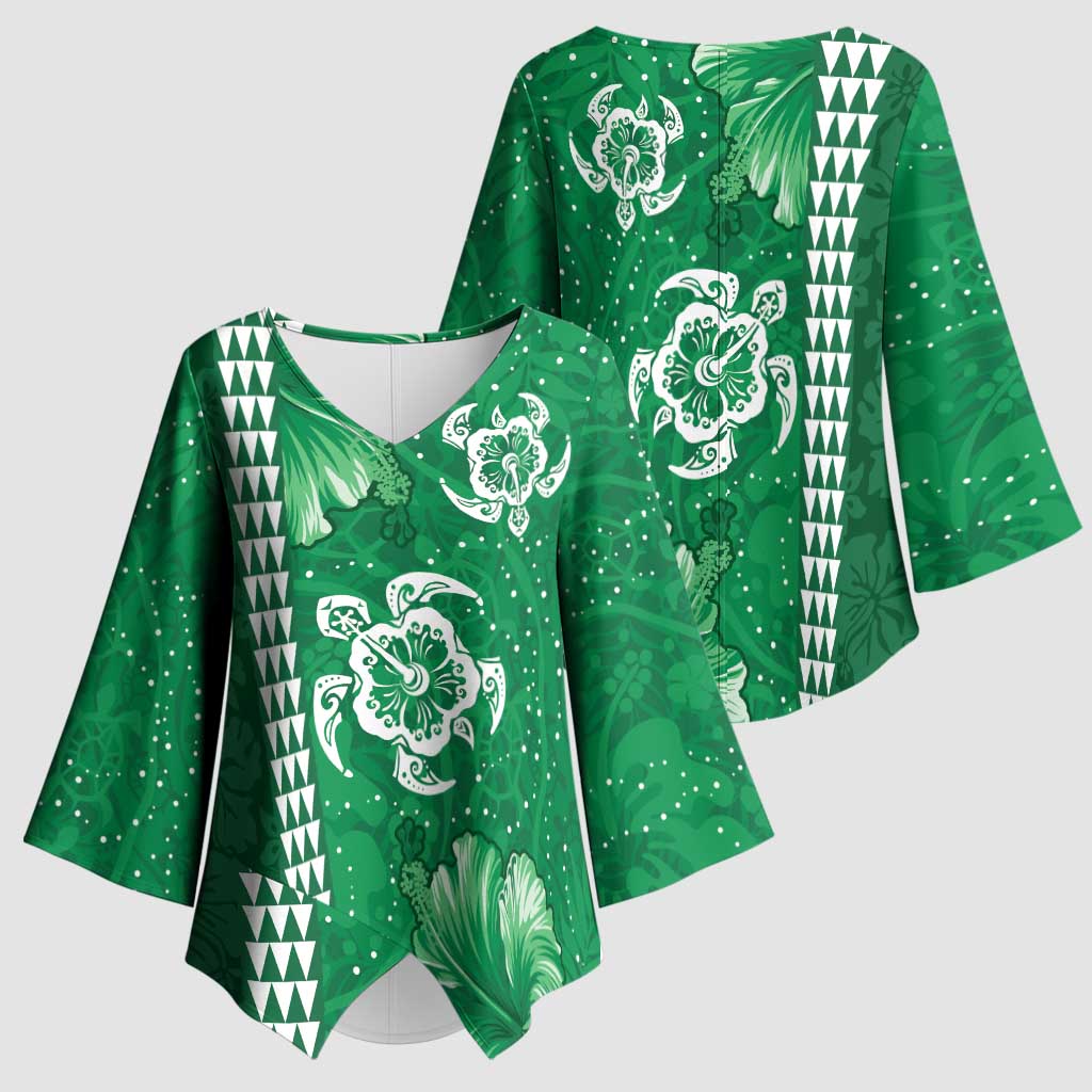 Green Hibiscus Turle Kimono Sleeve Blouse Hawaiian Style Tribal Tapa Pattern LT9 - Polynesian Pride