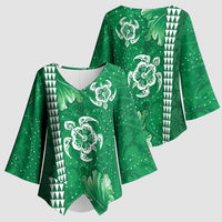 Green Hibiscus Turle Kimono Sleeve Blouse Hawaiian Style Tribal Tapa Pattern LT9 - Polynesian Pride