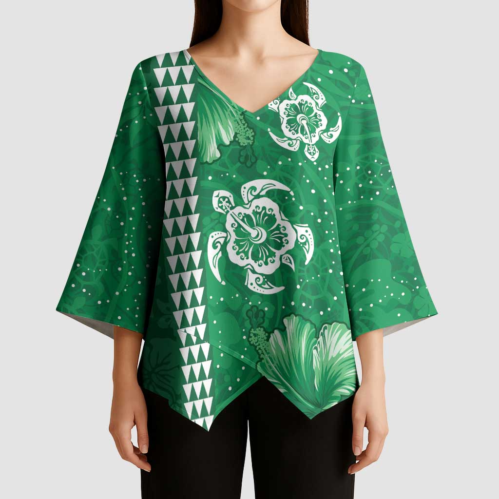 Green Hibiscus Turle Kimono Sleeve Blouse Hawaiian Style Tribal Tapa Pattern LT9 - Polynesian Pride