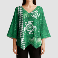 Green Hibiscus Turle Kimono Sleeve Blouse Hawaiian Style Tribal Tapa Pattern LT9 - Polynesian Pride