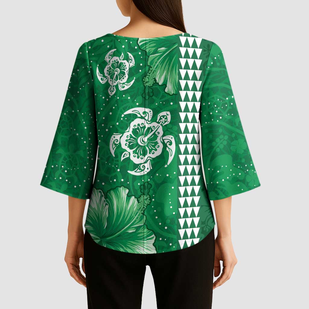 Green Hibiscus Turle Kimono Sleeve Blouse Hawaiian Style Tribal Tapa Pattern LT9 - Polynesian Pride