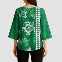 Green Hibiscus Turle Kimono Sleeve Blouse Hawaiian Style Tribal Tapa Pattern LT9 - Polynesian Pride