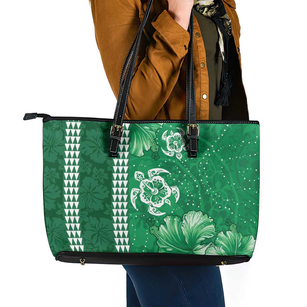 Green Hibiscus Turle Leather Tote Bag Hawaiian Style Tribal Tapa Pattern