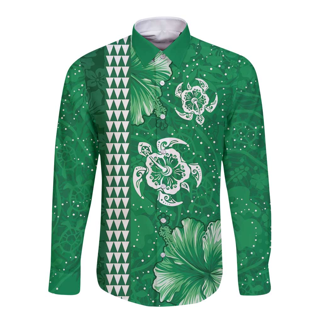Green Hibiscus Turle Long Sleeve Button Shirt Hawaiian Style Tribal Tapa Pattern